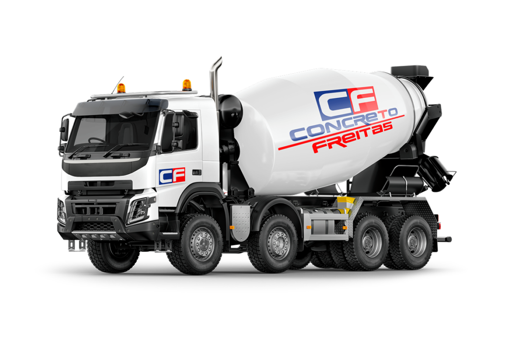 Caminhão betoneira Freitas Concreto com carroceria branca